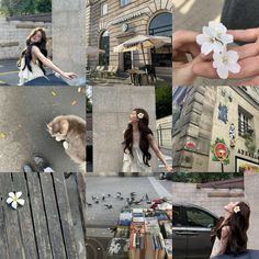 a collage of photos with people and flowers on them, including a woman holding a flower in her hand