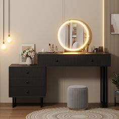 a dressing table with a round mirror on it