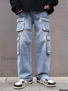 Russoo - Spring/Summer Mens Wide-Leg Denim Pants: Casual Urban Style Denim Blue Full Length Cargo Jeans For Summer, Summer Denim Blue Full-length Cargo Jeans, Casual Full-length Cargo Jeans For Summer, Summer Casual Full-length Cargo Jeans, Casual Light Wash Cargo Pants, Summer Denim Blue Cargo Pants With Pockets, Casual Summer Cargo Pants In Medium Wash, Casual Denim Blue Cargo Pants For Summer, Summer Streetwear Full-length Jeans