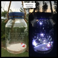 two mason jars that have been decorated with sand and seaweed, one has a message on it