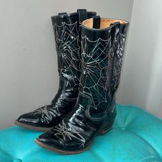 Unique Rare Vintage 80s Black Patent Leather Texas Made Spiderweb Embroidered Cowgirl Boots 9.5 Well Worn Distressed Flaws- Please Read Whole Listing And See Photos And Videos Stamped Size 9.5 Texas Made In Usa 80s Cowgirl Witchy Statement Whimsigoth Goth Dark Academia Western Rodeo Ranch Concert Festival Fair Halloween Party Rockstar Boho Flaws: Toe Crease On Both, Particularly The Left Has A Crack Inner Right Side Boot Pull Strap Broken See Closeups And Video Which Highlights The Flaws And Sho 80s Cowgirl, Spiderweb Embroidery, Embroidered Cowgirl Boots, Goth Western, Goth Dark Academia, Boot Pulls, Concert Festival, Western Rodeo, Cowgirl Boots