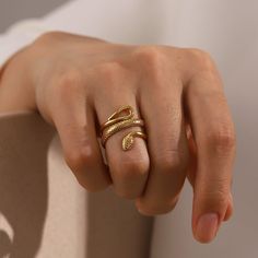 Available in Gold 18k Gold Plated on Premium Stainless Steel Open End Ring Delivered in Zinfu Fine Jewelry Package. Snake Ring Gold, Queen Rings, Serpent Ring, Type Style, Geometric Type, Shape Geometric, Ringe Gold, Female Style, Trendy Ring