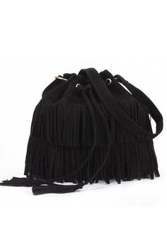 Festival Sale Trendy Shoulder Bag With Tassels, Trendy Fringe Crossbody Bag, Fringe Shoulder Bag For Fall, Fall Fringe Shoulder Bag, Chic Daily Use Bucket Bag With Tassels, Trendy Fringe Shoulder Bag, Trendy Shoulder Bag With Tassels For Daily Use, Casual Black Tassel Bags, Black Casual Bags With Tassels