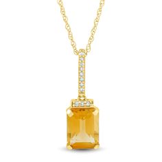 This glistening pendant features one emerald-cut citrine complemented by diamond accents set in classic 10K yellow gold. | Citrine and Diamond Accent Pendant Necklace | 10K Yellow Gold | Size 18" | Helzberg Diamonds Yellow Gold Jewelry With Diamond Accents Rectangular Pendant, Classic Citrine Jewelry With Diamond Accents, Octagon Shaped Citrine Jewelry In Yellow Gold, Yellow Gold Citrine Jewelry With Diamond Accents, Gold Jewelry With Rectangular Accent Stones, Rectangular Gold Jewelry With Accent Stones, Elegant Citrine Necklace With Diamond Accents, Elegant Citrine Necklaces With Diamond Accents, Formal Citrine Necklaces With Diamond Accents