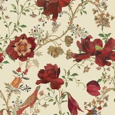 a floral wallpaper with red flowers and birds on white background in an antique style