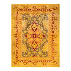 a yellow and red rug with an ornate design on the bottom, in front of a white background