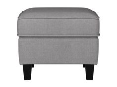 a grey ottoman with black legs on a white background