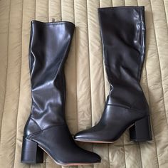 Brand New, Never Worn. Black. 3.5 Inch Heel. Size 7 Black Knee-high Boots With Stacked Heel And Square Toe, Pointed Toe Boots With Leather Sole In Synthetic Material, Black Leather Sole Knee-high Boots For Fall, Black Knee-high Boots With Square Toe And Reinforced Heel, Black Knee-high Boots With Reinforced Heel And Square Toe, Synthetic Boots With Leather Sole And Pointed Toe, Black Leather Knee-high Boots Medium Width, Black Knee-high Heeled Boots With Stacked Heel, Chic Black Knee-high Boots With Leather Sole