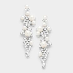 Rhinestone and White Pearl Bridal Earrings | Wedding Earrings Pearl Long Earrings, Pearl Bridal Earrings, Pearl Statement Earrings, Bridal Earrings Pearl, Pearl Bridal, Earrings Wedding, Silver Crystal, Bridal Pearls, Pearl Size