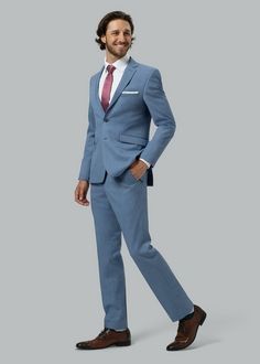 Light Blue Business Suit With Suit Collar, Light Blue Notch Lapel Suits For Work, Light Blue Notch Lapel Blazer For Formal Occasions, Light Blue Slim Fit Business Suit, Blue Business Suit For Spring, Light Blue Notch Lapel Suit For Spring, Light Blue Semi-formal Suit With Notch Lapel, Blue Spring Wedding Suit, Tailored Light Blue Suit For Business Casual