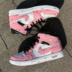 These custom Pink Black White Drip Air Jordan 1s are designed with precision and care to deliver a unique, one-of-a-kind look. The classic AJ1 silhouette is given a splash of color with a combination of pink, black, and white highlights. Make a statement with a pair of these shoes. Exactly as shown in the pictures. 📷 Brand New & Authentic. 💯 Hand Painted with attention to detail. 👨‍🎨 Waterproof and Flexible. ❤️ Unisex model. Please refer to the Size Chart. 👟👫 Free Worldwide Shipping. ✈ Pink High-top Custom Sneakers With Waterproof Paint, Custom Pink High-top Sneakers, Customizable Pink Sneakers For Streetwear, Black And White Highlights, Custom Air Jordan 1, Custom Sneakers Nike, Custom Air Jordan, Air Jordan 1s, Nike Air Force 1s