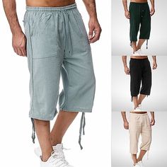 Season:Spring  Summer; Fabric:Linen Cotton Blend; Gender:Men's; Style:Casual; Occasion:Sports Outdoor; Fit Type:Loose Fit; Function:Breathable,Soft; Waistline:Mid Waist; Pattern:Plain; Design:Pocket,Drawstring,Elastic Waist; Special Size:Normal; Pants Type:Beach Shorts,Linen Shorts,Capri Pants,Summer Shorts; Front page:FF; Hips:null; Length:null; Waist:null; Fit US Size:null; Fit UK Size:null; Fit EU Size:null; Pants Length:Calf-Length Summer Beach Capris, Solid Drawstring Shorts For Outdoor, Solid Color Summer Bottoms For Outdoor, Solid Color Summer Outdoor Bottoms, Casual Knee-length Beach Bottoms, Casual Shorts For Beach Season And Outdoor Activities, Drawstring Bottoms For Beach Season, Drawstring Bottoms For Outdoor Beach Season, Outdoor Bottoms With Pockets For Beach Season