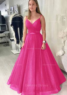 Ball Gown Long Floor Length Sparkling Tulle Prom Dress Outfits For Women With Pleated Pink Tulle Ball Gown For Evening, Pink Tulle V-neck Evening Dress, Pink Tulle Floor-length Evening Dress, Pink Tulle Skirt Gown For Gala, Pink Floor-length Ball Gown For Evening, Pink V-neck Ball Gown For Wedding, Pink V-neck Gown For Prom Season, Formal Pink Tulle Evening Dress, Pink Floor-length Tulle Maxi Dress