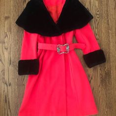 Exceptional Coat In Excellent Condition. Juniors Sizing, Probably A S/M Color Is A Salmon-Red With Black Faux Fur Trim. Bust 37” Waist 33” Hips 40” Sleeves 24” Shoulders 17” Length (From Nape Of Neck) 43” Retro Fall Evening Outerwear, Retro Evening Outerwear For Fall, Vintage Red Outerwear For Evening, Vintage Long Coat For Party, Black Retro Party Outerwear, Retro Black Party Outerwear, Fitted Red Outerwear With Faux Fur Trim, Red Fitted Outerwear With Faux Fur Trim, Fitted Vintage Red Outerwear