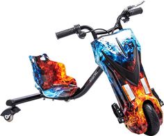 an electric scooter with flames painted on the front and back wheels, is shown