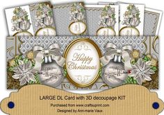 the large christmas card with 3d decoupage kit is shown in gold and silver