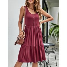 Burgundy Cotton Blend U Neck Sleeveless Button Tank Dress Sleeveless Sundress With Button Closure, Sleeveless Midi Dress With Buttons For Vacation, Solid Sleeveless Dress With Buttons, Sleeveless Button Closure Midi Dress For Beach, Sleeveless Midi Dress With Button Closure For Beach, Sleeveless Button Sundress For Day Out, Sleeveless Sundress With Buttons For Day Out, Sleeveless Midi Dress With Button Closure For Day Out, Sleeveless Dress With Buttons