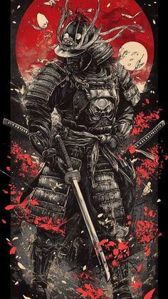 an image of a samurai in front of a red sun with blood splatters on it