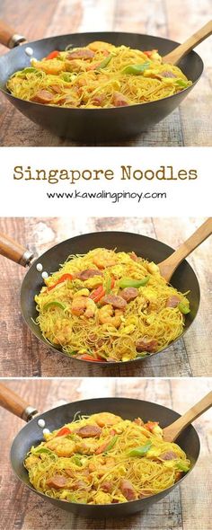 two pictures showing how to make singapore noodles