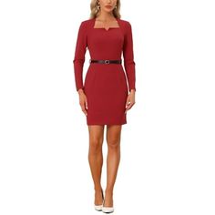 Styled in bodycon design with belt, this dress will easily highlight your slim waist and show your curve better. The sweetheart neck and stand shoulder create a flattering and feminine silhouette, accentuating your curves in all the right places. The business pencil dress makes the possibility of accessories such as shoes, or bags; the style is flattering for many figures. Measurement (in inches) Size----------Length----------Shoulder----------Chest----------Waist----------Hip XS---------------- Fitted Dress With Belt For Date Night, Fitted Mini Length Belted Dress, Fitted Belted Dress For Night Out, Fitted Belted Dress For Date Night, Fitted Knee-length Belted Dress For Date Night, Elegant Mini Dress With Belt For Work, Chic Fitted Belted Bodycon Dress, Chic Belted Fitted Bodycon Dress, Chic Belted Bodycon Dress