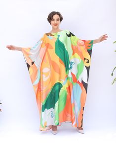 Green Kaftan Yellow, Plus Size Kaftan Abstract, Blended Silk Kaftan Flowy, Summer Silk Kaftan Long Length Custom Made Caftan Gift for Mother - Etsy Colorful Pattern Green Maxi Dress, Green Maxi Dress With Colorful Pattern, Green Long Printed Kaftan, Green Bohemian Kaftan With Vibrant Print, Green Abstract Print Maxi Dress For Vacation, Green Printed Kaftan With Kimono Sleeves, Green Printed Free Size Kaftan, Green Printed Free-size Kaftan, Green Flowy Long Kaftan