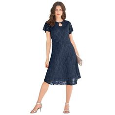 Roaman's Women's Plus Size Keyhole Lace Dress .Look great from every angle in this charming allover lace dress featuring a so-pretty scalloped keyhole at the neckline. Flutter sleeves. Fully lined body. Side zip. 42" lengthViscose/ nylonMachine washImported. About the brand: Roamans is known for our fashionable plus size clothing. Weve made it our goal to provide clothing for plus size women that doesnt scream plus size but matches the fun styles of current fashion trends instead. Roaman's creat Current Fashion, Keyhole Neckline, Current Fashion Trends, Dress 16, Navy Dress, Blue Gender, Lace Design, Flutter Sleeves, Fashion Collection