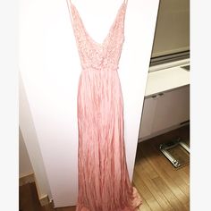 Size Small, Blush Maxi. Open Back, Lace Front Blush V-neck Dress For Party, Blush V-neck Party Dress, Pink Lace Backless Dress, Blush Maxi Dress For Party, Blush Maxi Party Dress, Blush V-neck Dress For Date Night, Blush Floor-length Party Dress, Flowy Pink Lace Dress, Pink Chiffon Dress For Night Out