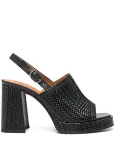 black calf leather interwoven design open toe front strap with trim detailing branded leather insole 85mm high block heel rubber sole buckle-fastening ankle strap Chic Slingback Heels With Woven Sole, Formal Woven Leather Heels With Block Heel, Leather Sandals With Woven Detail And Block Heel, Woven Leather Sandals With Block Heel, Elegant Slingback Sandals With Woven Sole, Woven Leather Block Heels, Formal Woven Leather Heels, Leather Open Toe Heels With Intrecciato Weave, Elegant Woven Leather Sandals With Block Heel