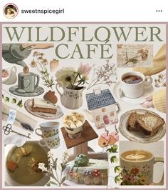 there is a collage of pictures with coffee and cakes on it, including flowers