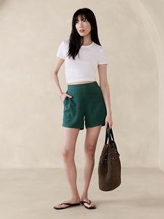 Linen-Blend Easy Short | Banana Republic Factory Everyday Linen Spring Shorts, Everyday Linen Shorts With Pockets, Everyday Linen Shorts For Spring, Linen Shorts For Everyday Spring Wear, Green Linen Bottoms For Day Out, Everyday Linen Shorts With Elastic Waistband, Everyday Linen Shorts, High-waisted Linen Bermuda Shorts For Day Out, High-waisted Summer Shorts For Everyday Wear