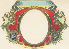 an ornate frame with flowers and leaves around it, painted in red, blue, yellow, green and orange