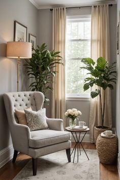 a living room with a chair, table and two potted plants in the corner