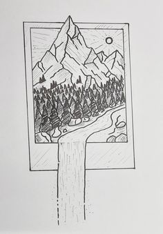 a drawing of a landscape with trees and mountains in the background, drawn by hand