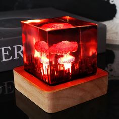 a red light that is on top of a wooden block