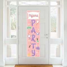 a pink door with the words party written on it