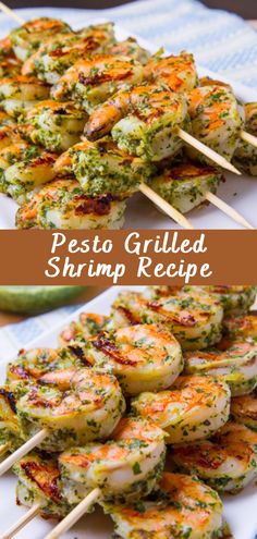 grilled shrimp skewers with pesto sauce on top and green chili in the middle