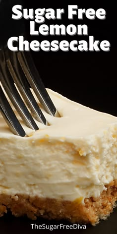 a slice of lemon cheesecake on a black plate with a fork and the title overlay reads, sugar free lemon cheesecake