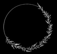 a black and white drawing of a circle with leaves on the side, in front of a dark background