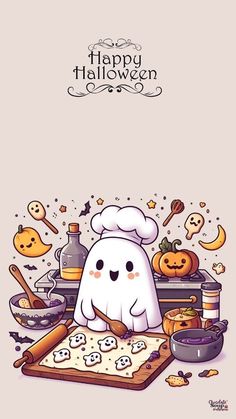 a happy halloween greeting card with a ghost baking on a pan and pumpkins in the background