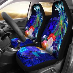 the interior of a car is decorated with colorful flowers