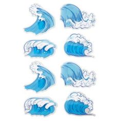 blue and white stickers with waves on them