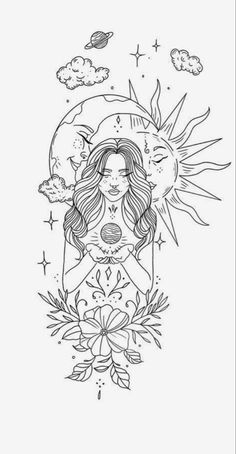 a black and white drawing of a woman sitting in front of the sun with her eyes closed