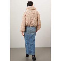 Off-white knit (46% Acrylic, 37% Polyester, 10% Nylon, 7% Wool). Jacket. Long sleeves. High neck. Front zipper closure. 21" from shoulder to hemline. Imported. Chunky Knit Turtleneck Outerwear For Winter, Chunky Knit Turtleneck Outerwear For Cold Weather, Chic Chunky Knit Turtleneck Outerwear, Chunky Knit Turtleneck Outerwear For Fall, Fall Chunky Knit Turtleneck Outerwear, Fitted Beige Outerwear With Ribbed Cuffs, White Cable Knit Outerwear For Work, Chic Turtleneck Outerwear With Ribbed Cuffs, Lightweight Beige Outerwear For Spring