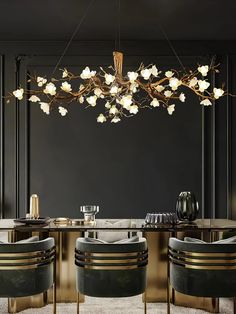 an elegant dining room with black walls and gold accents