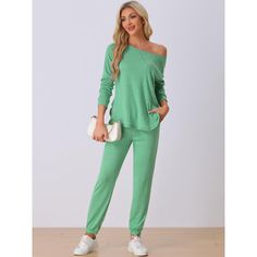 2-piece tracksuit set including a long-sleeve sweatshirt and jogger pants with pockets. The soft knit fabric offers comfort and luxury wear, making it perfect for both casual and loungewear outfits. This tracksuit set for women is fashionable, soft, stretchy, lightweight, breathable, and comfortable to wear at home. It also creates a casual look for outings such as shopping or going to a coffee shop. Additionally, it can be a perfect gift for your mom, wife, daughter, or girlfriend, serving as l Solid Color Loungewear Set For Fall, Fall Loungewear Tracksuit With Pockets, Spring Sweatshirt With Pockets For Loungewear, Long Sleeve Solid Color Loungewear Sets, Casual Long Sleeve Sleepwear With Pockets, Plain Long Sleeve Loungewear Sets, Casual Green Relaxation Sets, Fall Tracksuit With Pockets For Loungewear, Green Sweatshirt With Pockets For Loungewear