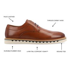 The William derby shoe from Vance Co. seamlessly blends sophistication and comfort with its 1-inch heel, lace-up closure, and classic round toe design. Crafted from faux leather this style offers a stylish choice for various occasions. The mesh lining, 6 mm Tru Comfort Foam™ footbed, and rubber outer sole ensure breathability, comfort, and support, making the William a versatile and conscientious addition to your footwear collection. Brown Derby Shoes With Rubber Sole For Semi-formal Occasions, Low-top Leather Shoes For Derby With Removable Insole, Semi-formal Brown Derby Shoes With Rubber Sole, Derby Shoe, Brown Leather-lined Monk Strap Shoes For Derby, Masculine Brown Leather Semi-formal Shoes, Closed Toe Shoes, Women Men Shoes, Footwear Collection