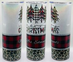 three christmas themed tumbles with leopard print