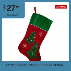 a red velvet christmas stocking with green and purple ornaments on it, $ 27 99