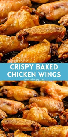 crispy baked chicken wings on the grill with text overlay that reads crispy baked chicken wings