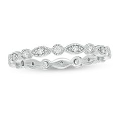 Just like your love, this vintage-inspired diamond anniversary band has no beginning and no end. Fashioned in cool 10K white gold, this romantic choice features alternating diamond-touched marquise shapes and bezel-set diamonds. Intricate milgrain detailing lends heirloom appeal. Radiant with 1/5 ct. t.w. of diamonds and a brilliant buffed luster, this ring honors your years together. Anniversary Diamond Eternity Band With Decorative Details, Diamond Eternity Band With Decorative Details For Anniversary, Heirloom Eternity Band With Diamond Accents For Anniversary, White Fine Jewelry Eternity Band For Anniversary, White Eternity Band For Anniversary, Classic Eternity Band For Anniversary, Classic Eternity Band With Decorative Band For Anniversary, White Eternity Band For Anniversary In Fine Jewelry Style, White Stackable Eternity Band For Anniversary